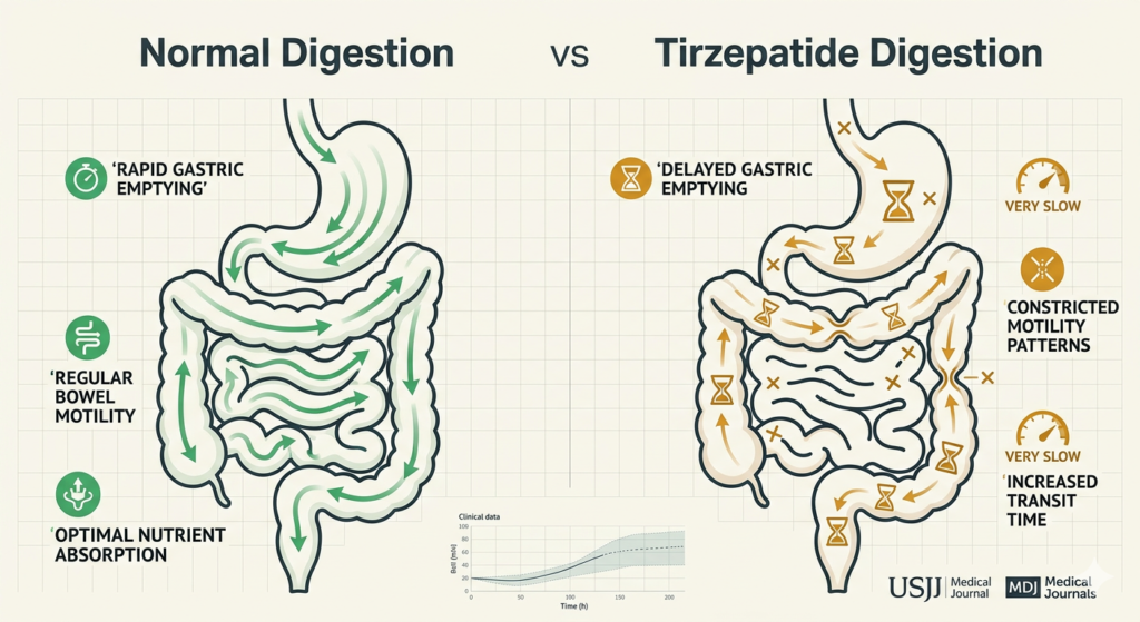 Infographic comparing gastric emptying speeds with and without Tirzepatide treatment.