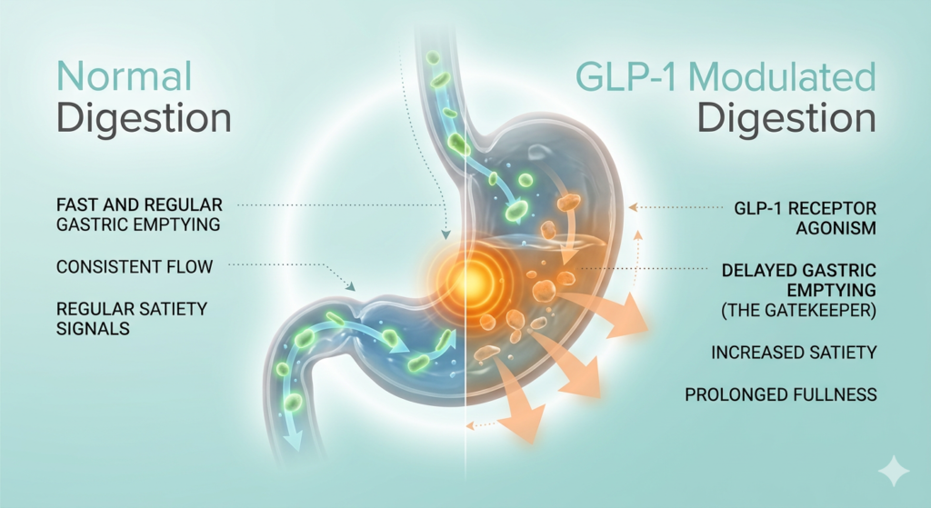 Infographic showing how Victoza (liraglutide) slows gastric emptying to control blood sugar.