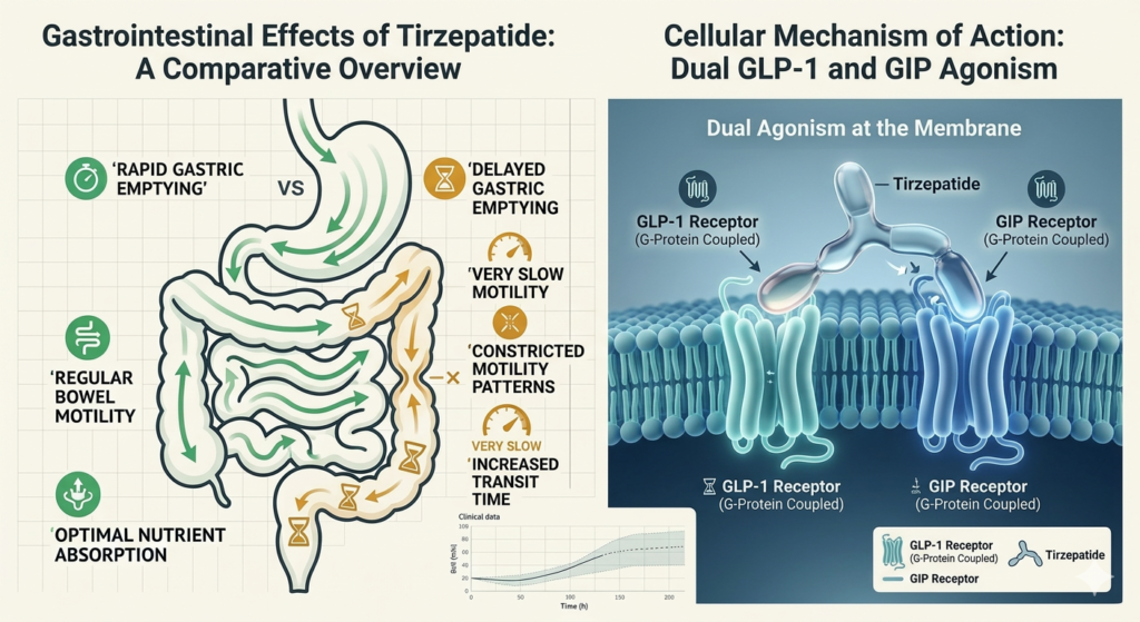 Diagram showing Tirzepatide dual-agonist mechanism on GLP-1 and GIP receptors for weight loss.