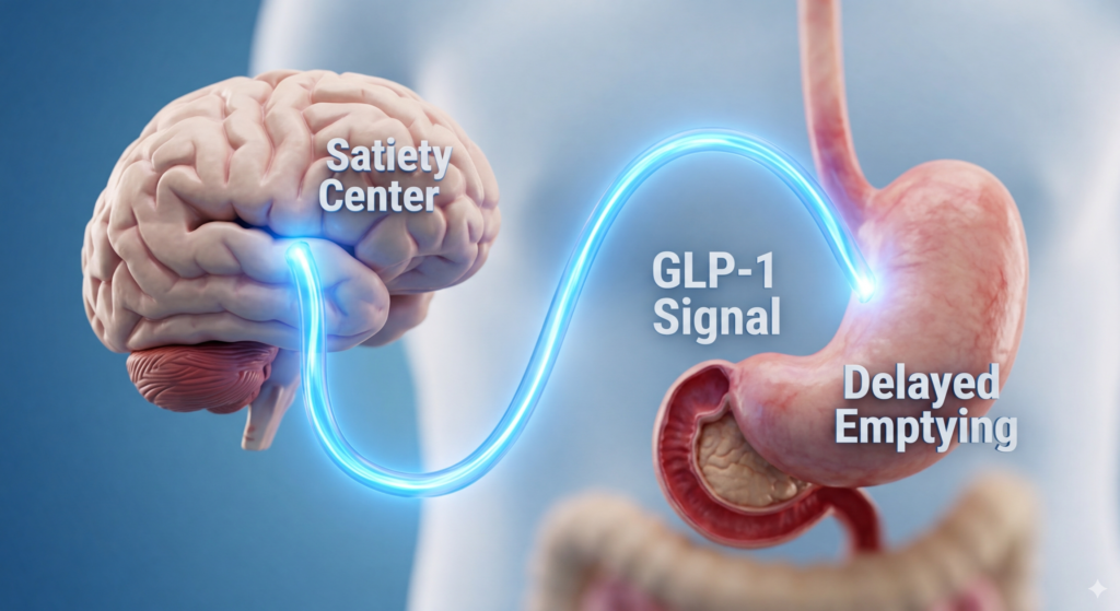 Diagram showing how GLP-1 agonists send satiety signals from the gut to the brain to control hunger.