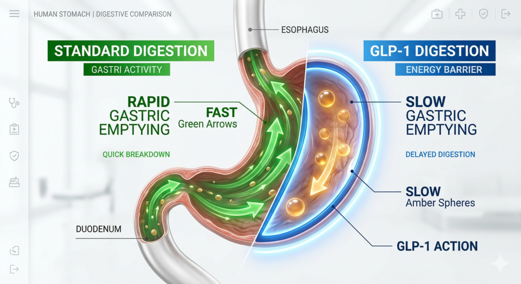 Diagram showing Wegovy-induced gastric emptying delay and nausea mechanics.