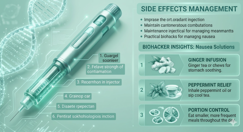 A teal-colored infographic featuring a medical injection pen against a DNA-themed background. The right side contains a section titled "Biohacker Insights: Nausea Solutions," listing three tips: Ginger Infusion, Peppermint Relief, and Portion Control with corresponding icons.