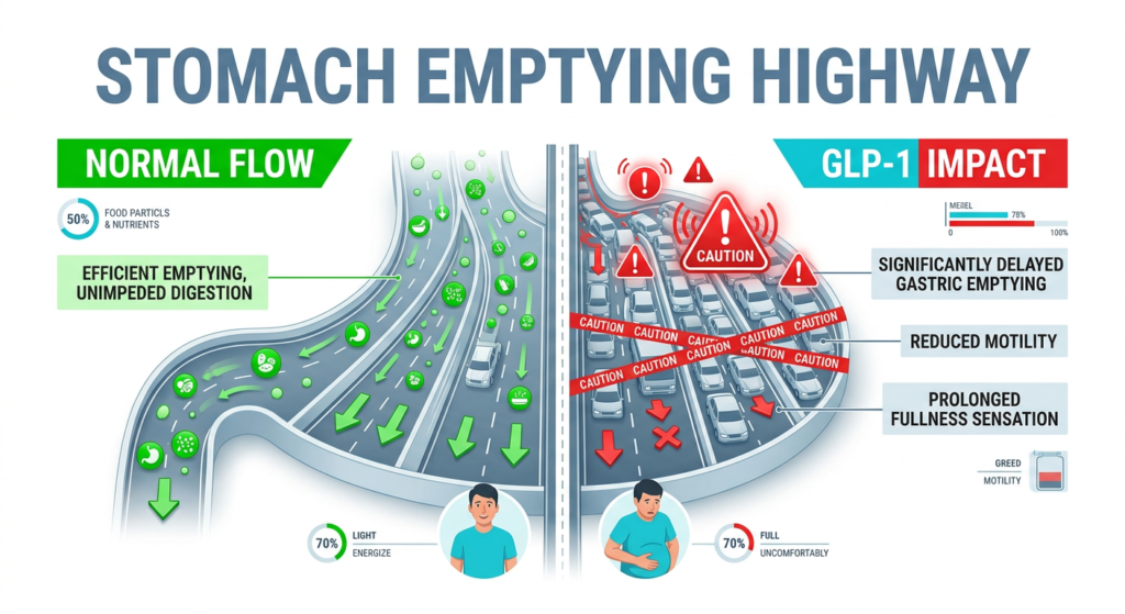 Infographic of human digestion showing how Ozempic nausea relief is needed due to restricted gastric flow.