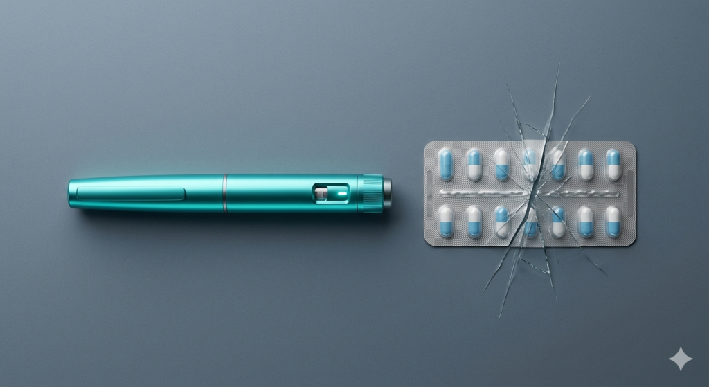 3D visualization of GLP-1 medication and birth control pills representing medication interference.