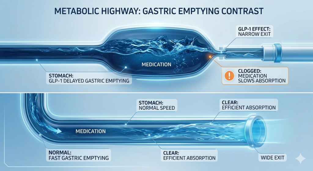 Metaphorical diagram showing how delayed gastric emptying affects pill absorption.