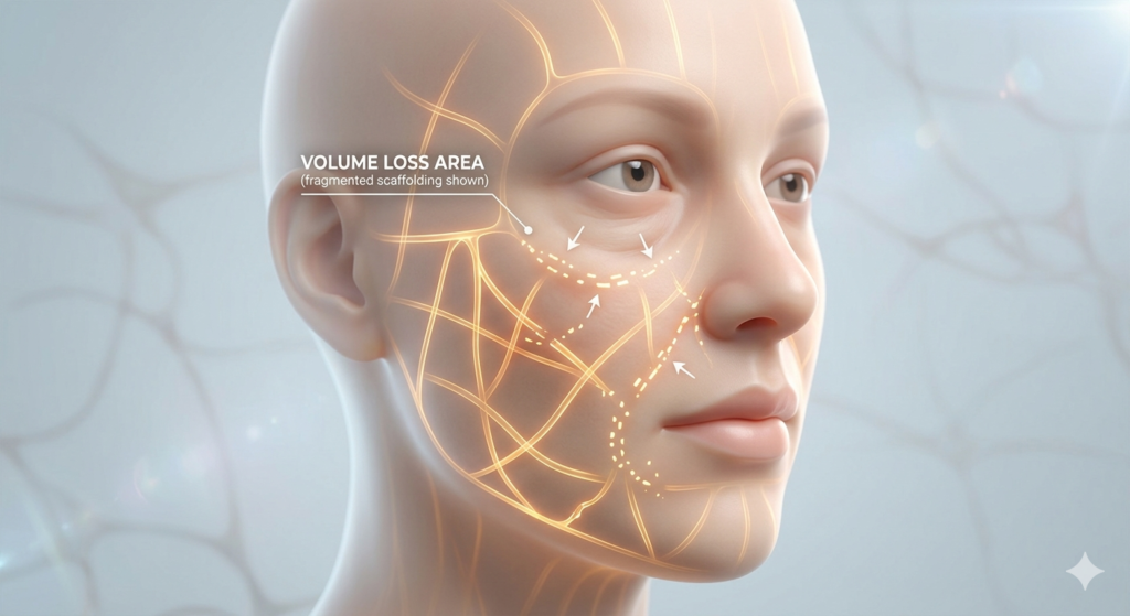 Infographic showing facial volume loss and collagen depletion during rapid weight loss.