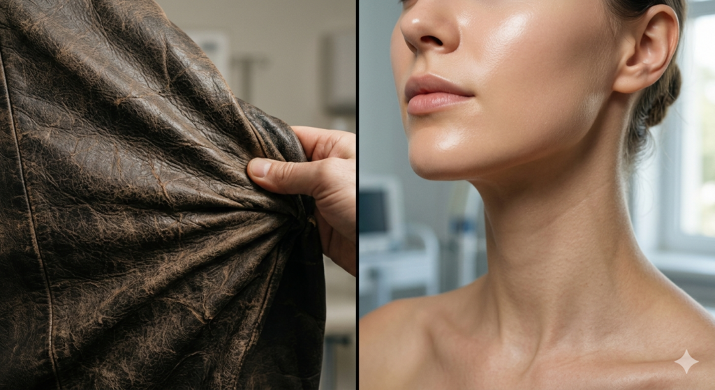 Comparison of skin elasticity and leather structural integrity representing Ozempic Face.