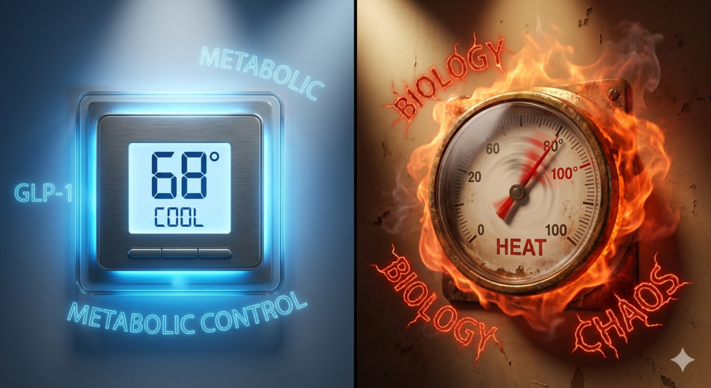 Diagram comparing controlled metabolism on GLP-1 vs. metabolic rebound after stopping medication.