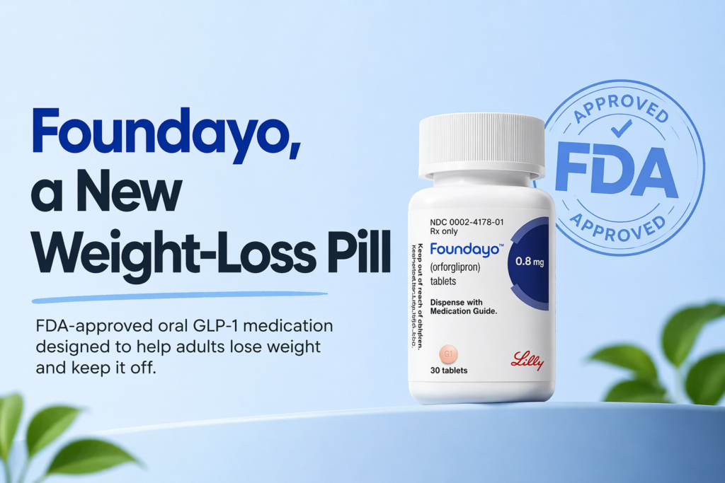 “FDA-approved Foundayo (orforglipron) weight-loss pill bottle